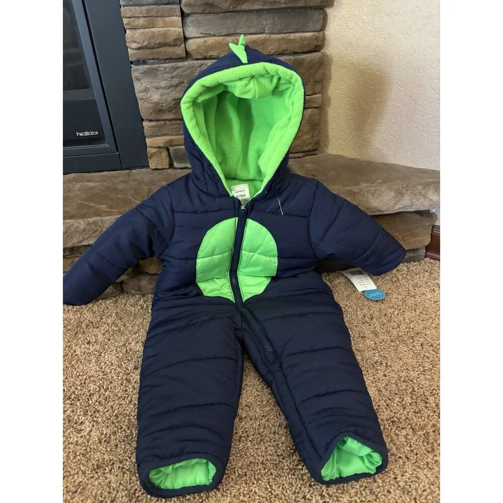 Carters 6-9 Months Dinosaur Snowsuit New Navy And Green One Piece Hood NEW